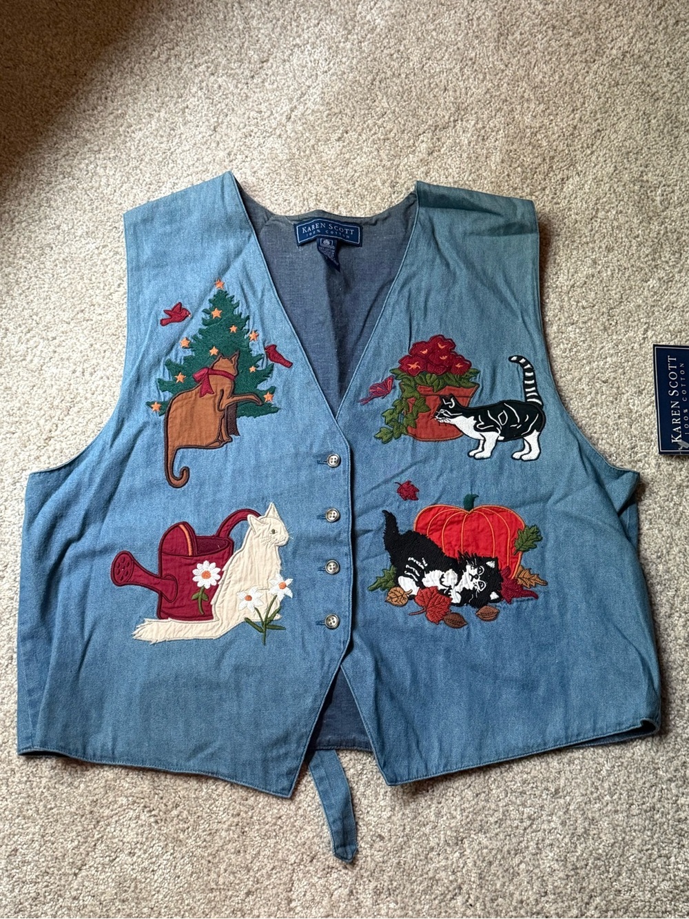 NWT Vintage Karen Scott Cats Autumn Harvest Denim Vest